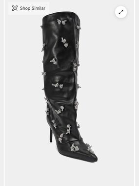 Black Over-the-Knee Stiletto Boots with Silver Crystal Knots
